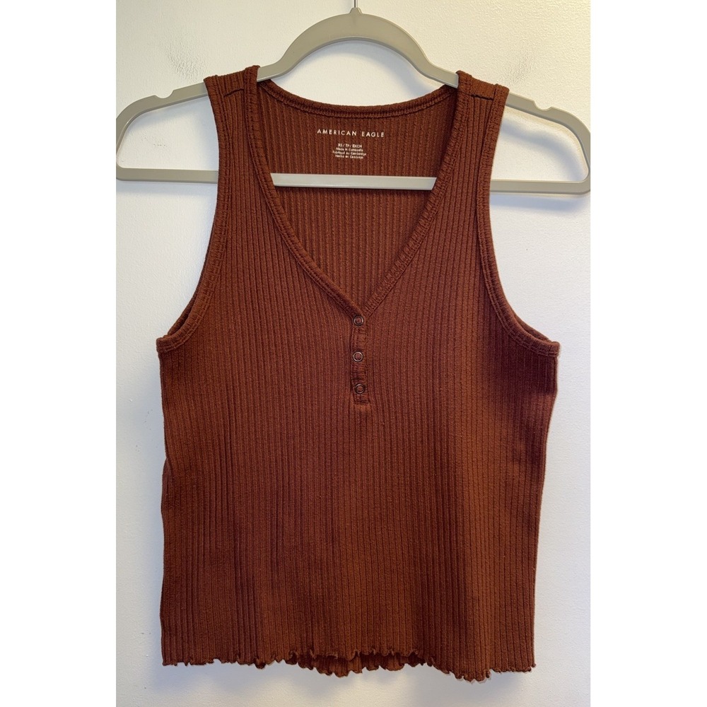 American Eagle Ribbed Tank Top Rust Red Snap Front XS Stretch V Neck Festival